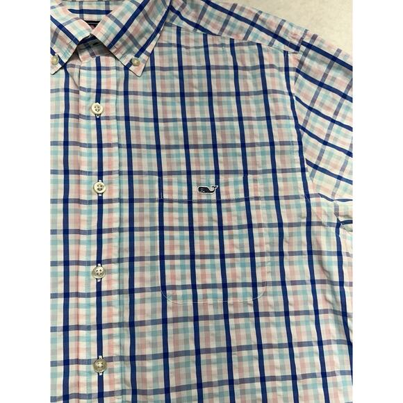Vineyard Vines Mens Medium Button Up Plaid Pink Blue Tucker Shirt 100% Cotton - Picture 2 of 7